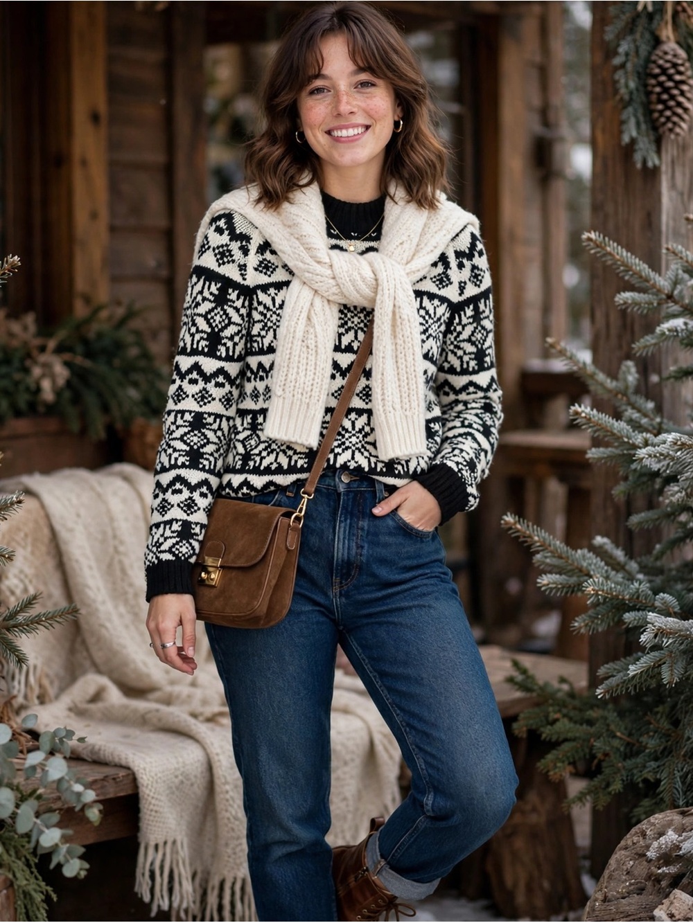 ANN TAYLOR FAIR ISLE SNOWFLAKE SWEATER BLACK WHITE NORDIC MOCK NECK XL HOLIDAY